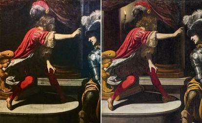 'El arresto de San Pedro' de Rutilio Manetti.  A la izquierda, imagen del cuadro robado.  A la derecha, imagen de un cuadro propiedad de Vittorio Sgarbi, con una vela en la parte superior izquierda.