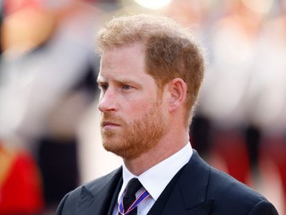 A shot of Prince Harry as he walks behind the gun carriage bearing the coffin of Queen Elizabeth II from Buckingham Palace to Westminster Palace on September 14, 2022, in London.