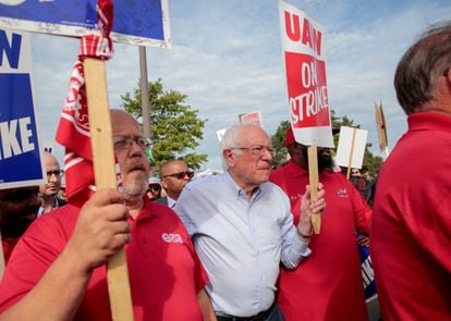 El senador Bernie Sanders, entonces candidato presidencial, durante una huelga del sindicato del automóvil en Hamtramck (Michigan), en septiembre de 2019.