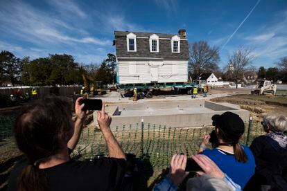 The Bray School is aligned with a set foundation at its new location in Colonial Williamsburg in Williamsburg, Va. on Friday, Feb. 10, 2023 after it was moved from the William & Mary campus.