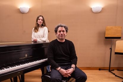 Gustavo Dudamel and his wife, Maria Valverde, at a break in 'Fidelio' on Tuesday at the Walt Disney Concert Hall in Los Angeles