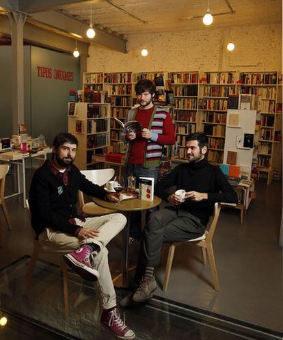 Malasaña's Tipos Infames bookstore bar, with owners (from left) Alfonso Tordesilla, Gonzalo Queipo and Fransisco Llorca.