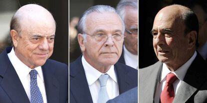 A combination of pictures shows (L-R) BBVA&#039;S Francisco Gonz&aacute;lez,  CaixaBank&#039;s Isidro Fain&eacute; and Santander&#039;s Emilio Bot&iacute;n leaving the High Court in Madrid.