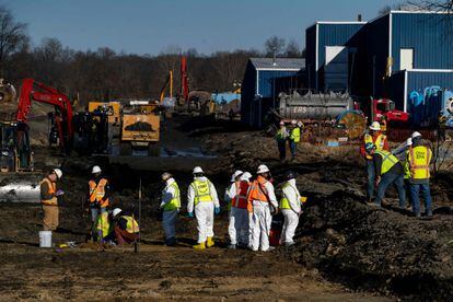 Contractors collect soil and air samples from the derailment site on March 9, 2023 in East Palestine, Ohio.