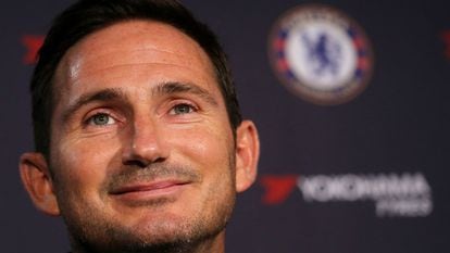 In this file photo taken on July 4, 2019 Chelsea's newly appointed English head coach Frank Lampard attends his unveiling press conference at Stamford Bridge in London.