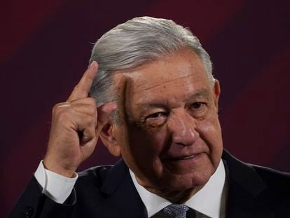 FILE - Mexican President Andres Manuel Lopez Obrador gives his regularly scheduled morning press conference at the National Palace in Mexico City, Feb. 28, 2023. Mexico’s president called anti-drug policies in the U.S. a failure Wednesday, March 15, 2023 and proposed a ban on using fentanyl in medicine. (AP Photo/Marco Ugarte, File)