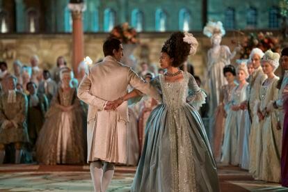 Corey Mylchreest, as the young King George III, and India Amarteifio as the young Queen Charlotte, in the sixth episode of 'Queen Charlotte: A Bridgerton Story.'