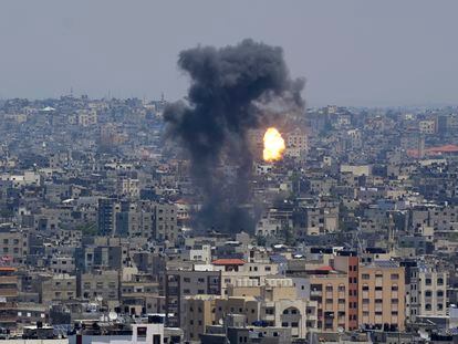 Smoke and fire rise from an explosion caused by an Israeli airstrike on Gaza City, Wednesday, May 10, 2023.