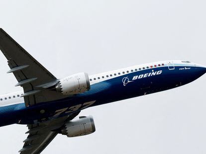 A Boeing 737 MAX-10 performs a flying display at the 54th International Paris Airshow at Le Bourget Airport near Paris, France, on June 20, 2023.