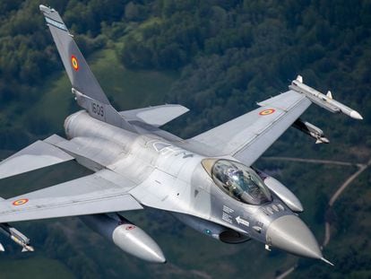 Portuguese Air Force F- 16 military fighter jets participating in NATO's Baltic Air Policing Mission operates in Lithuanian airspace, on May 22, 2023.