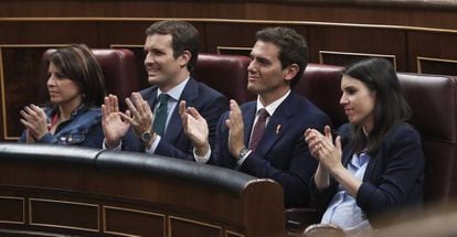 From left to right: PSOE vice-secretary Adriana Lastra; PP chief Pablo Casado; Ciudadanos leader Albert Rivera; and Unidas Podemos spokesperson Irene Montero.