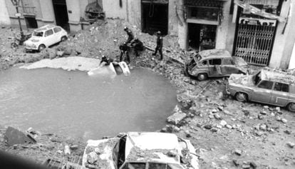 The crater left by the bombing in Claudio Coello street, in central Madrid.