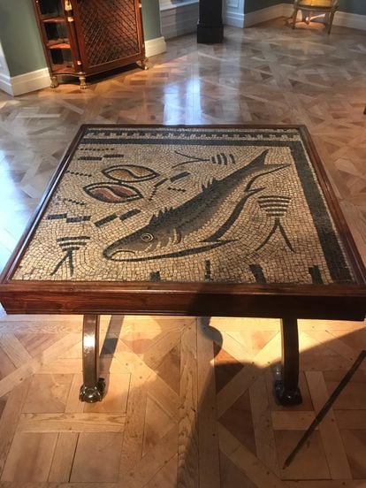 Roman mosaic inlaid in a 19th century table in the home of collector and art dealer Carlton Hobbs. 