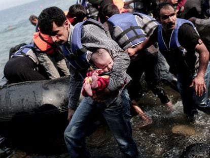 A group of refugees arriving at the Greek island of Lesbos on Thursday.