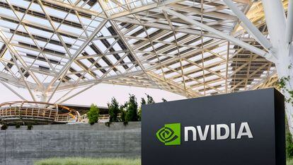 The logo of NVIDIA as seen at its corporate headquarters in Santa Clara, California, in May of 2022.