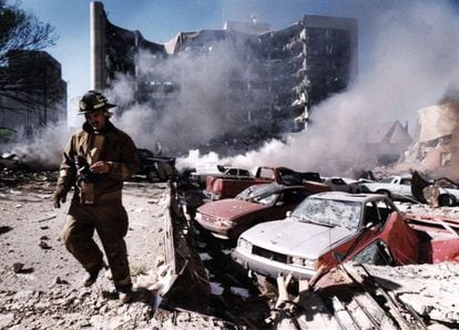 The Alfred P. Murrah Federal Building in Oklahoma City after the 1995 bombing by Timothy McVeigh.