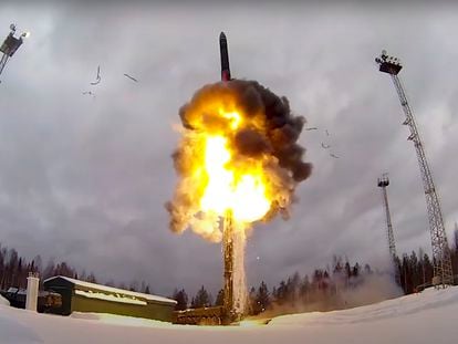 A Russian intercontinental missile is launched in an unspecified area of Russia during a drill.