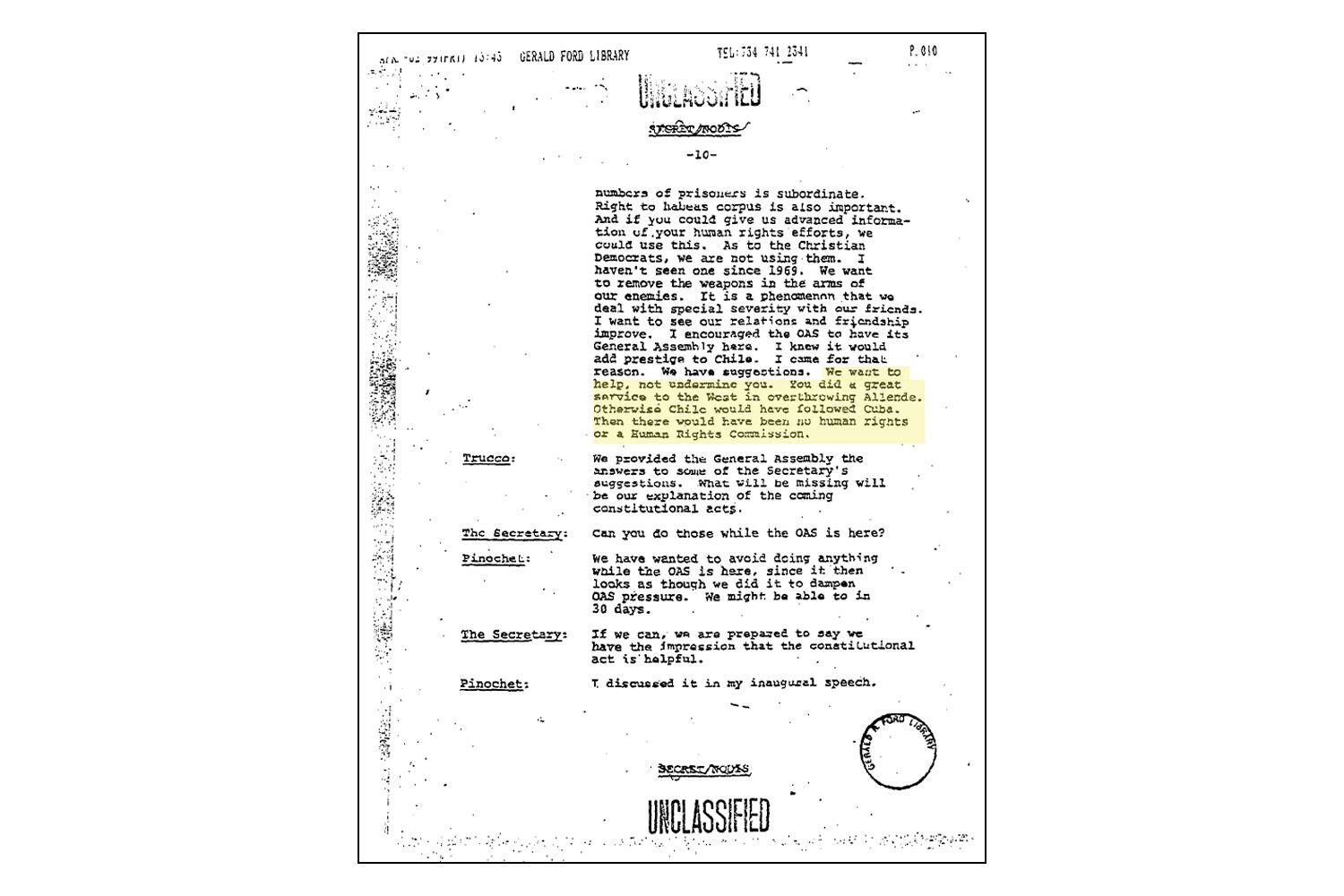 A page of the transcript of the private meeting between Kissinger and Pinochet.