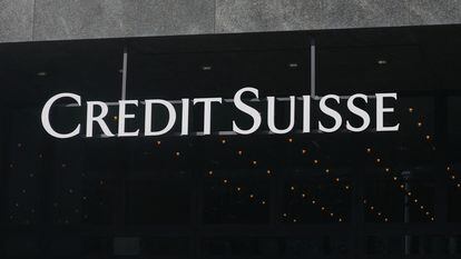 A view shows logo of Swiss bank Credit Suisse in front of an office building in Zurich, Switzerland March 16, 2023.