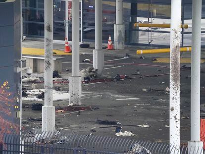 Debris is scattered about inside the customs plaza at the Rainbow Bridge border crossing, Wednesday, Nov. 22, 2023, in Niagara Falls, N.Y.