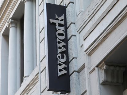 A sign is seen above the entrance to the WeWork corporate headquarters in Manhattan, New York, U.S., November 21, 2019.