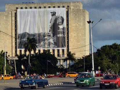 A photograph of Fidel Castro at Revolution Square.