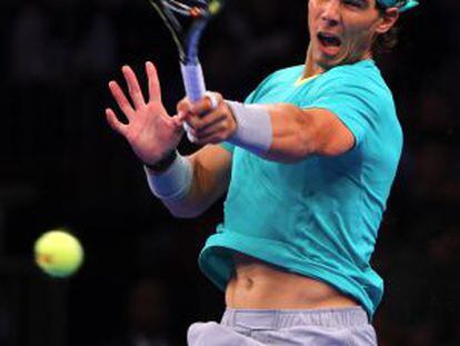 Rafael Nadal returns a shot to Juan del Potro during their exhibition match on Monday.