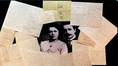 The correspondence of the Einstein family and, in the center, a photo of Mileva and Albert Einstein