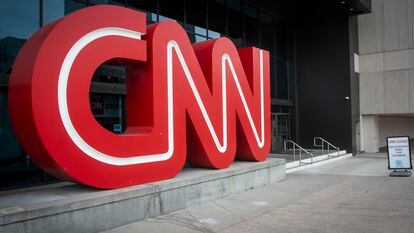 The CNN logo is displayed at the entrance to the CNN Center in Atlanta on Feb. 2, 2022.