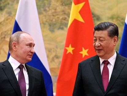 Chinese President Xi Jinping and Russian President Vladimir Putin talk to each other during their meeting in Beijing, China on February 4, 2022.