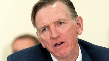Rep. Paul Gosar, R-Ariz., questions the witness during a House Oversight and Accountability Committee subcommittee on National Security, the Border, and Foreign Affairs, hearing on resettlement of unaccompanied minors, on Tuesday, April 18, 2023, on Capitol Hill in Washington.