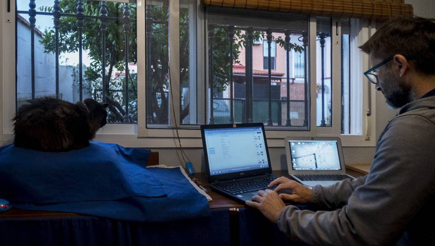 A man works from home during the coronavirus lockdown in Spain.