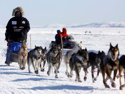 Iditarod champion Lance Mackey drives his team as he arrives first into the Unalakleet, Alaska, checkpoint on the Iditarod Trail Sled Dog Race in 2009.