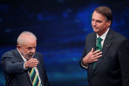 Presidential candidates Luiz Inácio Lula da Silva and Jair Bolsonaro speak during a debate held in São Paulo, Brazil.