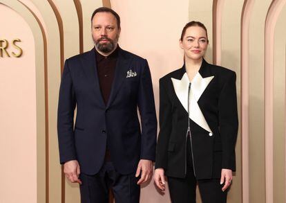 Director Yorgos Lanthimos, nominated for Best Director, and Emma Stone, nominated for Best Actress in a Leading Role, for 'Poor Things,' which is also nominated for Best Picture, attend the Nominees Luncheon for the 96th Oscars in Beverly Hills, California, U.S. February 12, 2024. 