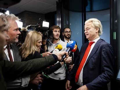 Leader of the far-right Freedom Party PVV Geert Wilders speaks to the media following a meeting with party leaders for coalition talks in the House of Representatives in The Hague, The Netherlands, November 24 2023.