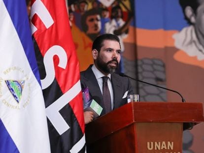 Laureano Ortega Murillo presents the inaugural address at the National Autonomous University of Nicaragua in Managua, April 26, 2023.