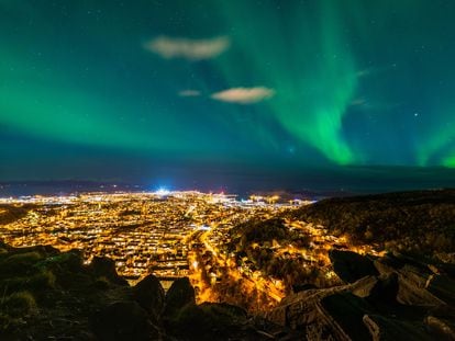 View of the northern lights over the Norwegian city of Bodø.