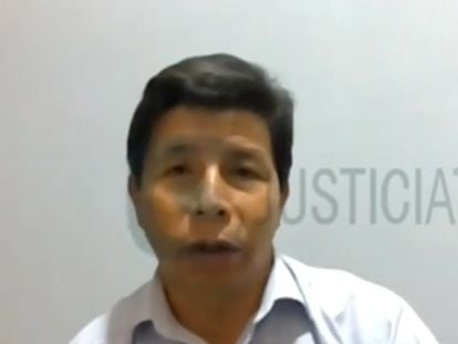 A screenshot of former president Pedro Castillo during his virtual court hearing on March 7, 2023.
