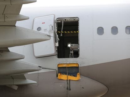 Asiana Airlines' Airbus A321 plane, of which a passenger opened a door on a flight shortly before the aircraft landed, is pictured at an airport in Daegu, South Korea, on May 26, 2023.