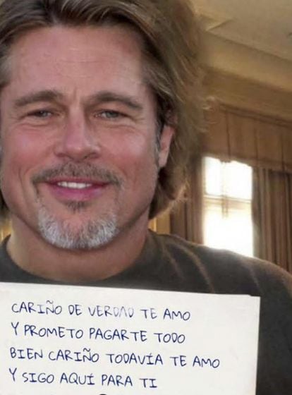 One of the images of Brad Pitt used by the scammers, in which the actor appears to hold a message for the victim. 