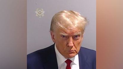 Donald Trump in his mugshot published by Fulton County Jail.
