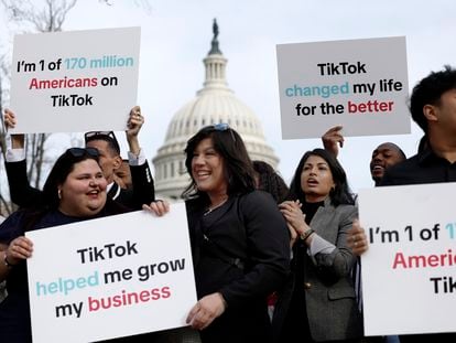 A group of TikTokers demonstrates in front of Capitol Hill on Wednesday..