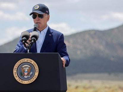 U.S. President Joe Biden delivers remarks on his administration's conservation efforts in Tusayan, Arizona, on August 8, 2023.