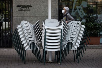 A closed sidewalk café in Barcelona.