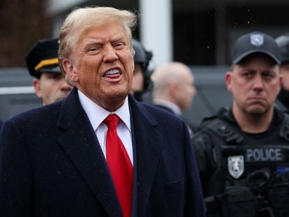 Former U.S. President Donald Trump speaks after attending a wake for New York City Police Department (NYPD) officer Jonathan Diller, on March 28, 2024.