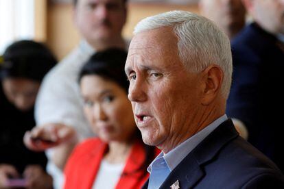 Former Vice President Mike Pence, speaks with reporters after his lunch with supporters at a Pizza Ranch restaurant in Waukee, Iowa, on June 8, 2023.