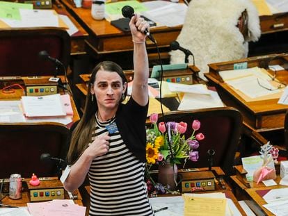 Montana state Rep. Zooey Zephyr, D-Missoula, alone on the House floor stands in protest as demonstrators are arrested in the House gallery, Monday, April 24, 2023.