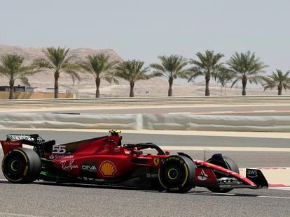 Ferrari driver Carlos Sainz of Spain steers his car during a Formula One pre season test at the Bahrain International Circuit in Sakhir, Bahrain, Friday, Feb. 24, 2023.