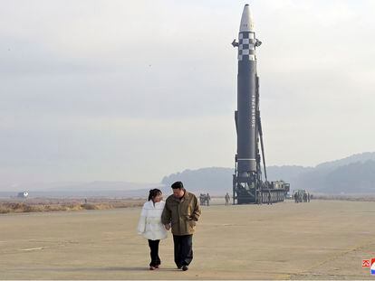 Kim Jong-un and allegedly his middle daughter, minutes before a missile launch, on November 18 at Pyongyang International Airport.